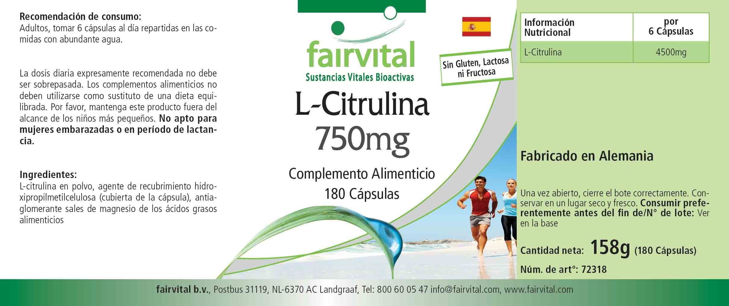fairvital L-citrullina capsule 750 mg, ALTO DOSAGGIO, VEGANO, 180 capsule
