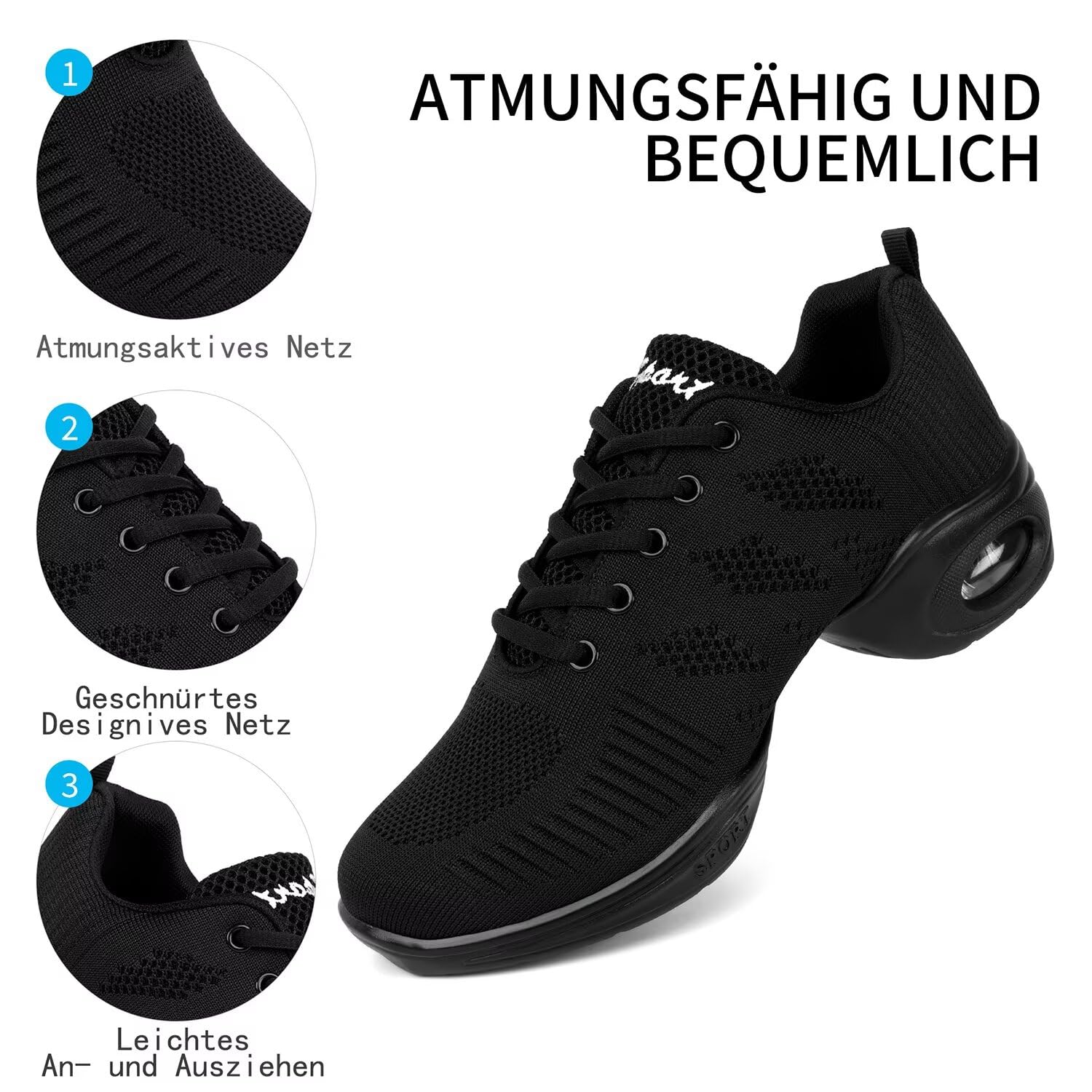 Schwarz Tanzsneaker Damen Atmungsaktiv Tanzschuhe Dance Sneaker mit Luftkissen