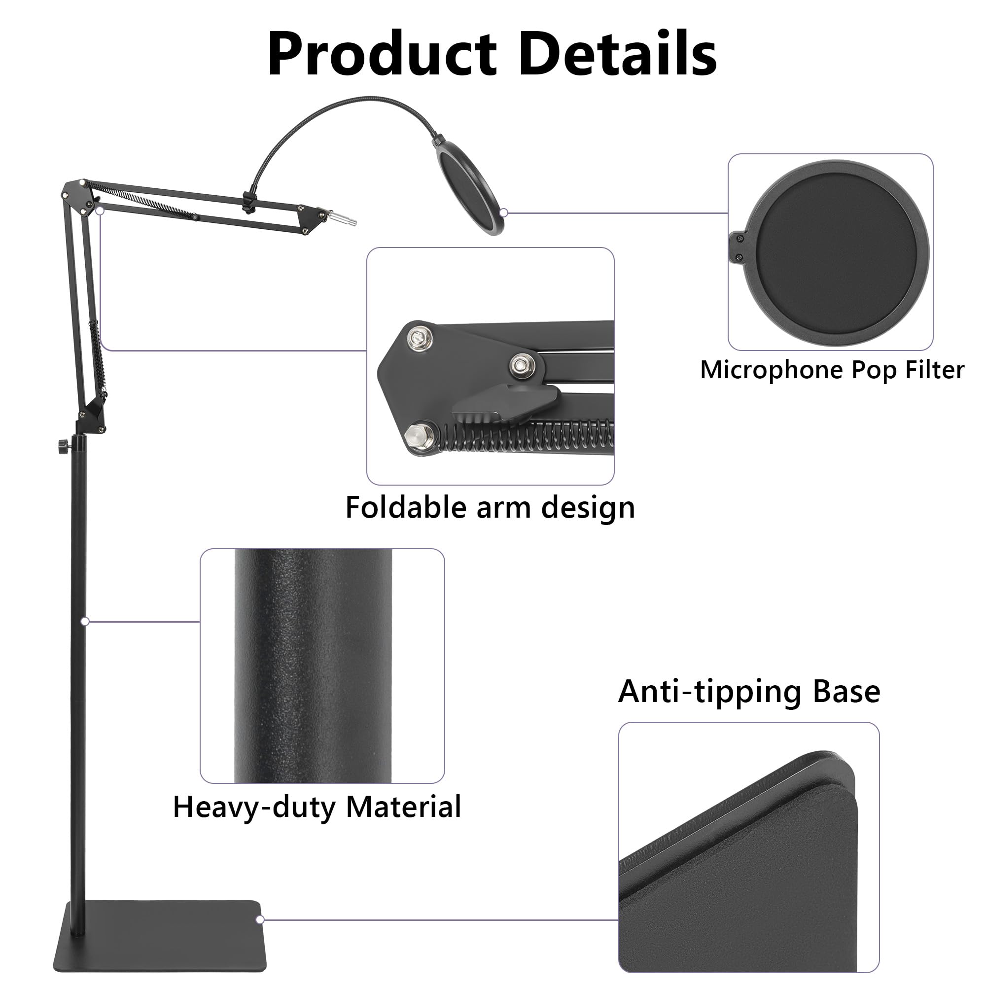 AKOZLIN - Supporto per microfono con braccio a forbice da terra, con base pesante, altezza regolabile da 40 a 120 cm, con adattatore da 3/8" a 5/8" e 1/4", filtro pop, clip per microfono e fascette