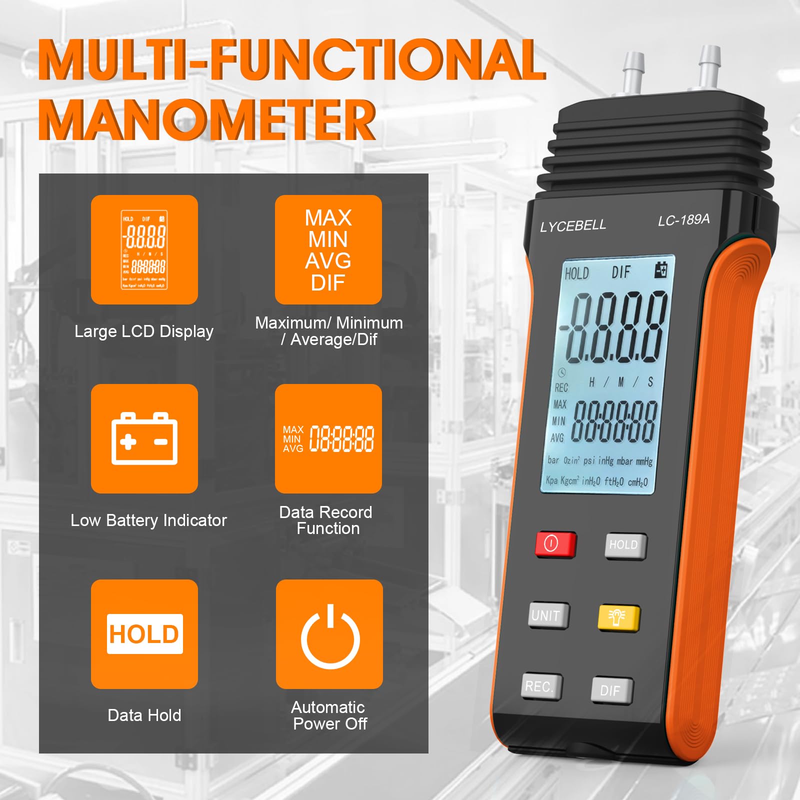 LC-189A Manometer, Digitales Luftdruckmessgerät, Differenzdruckmessgerät, HVAC-Gasdruckmessgerät, Geeignet für die Luftdruckmessung (Schwarz + Orange)