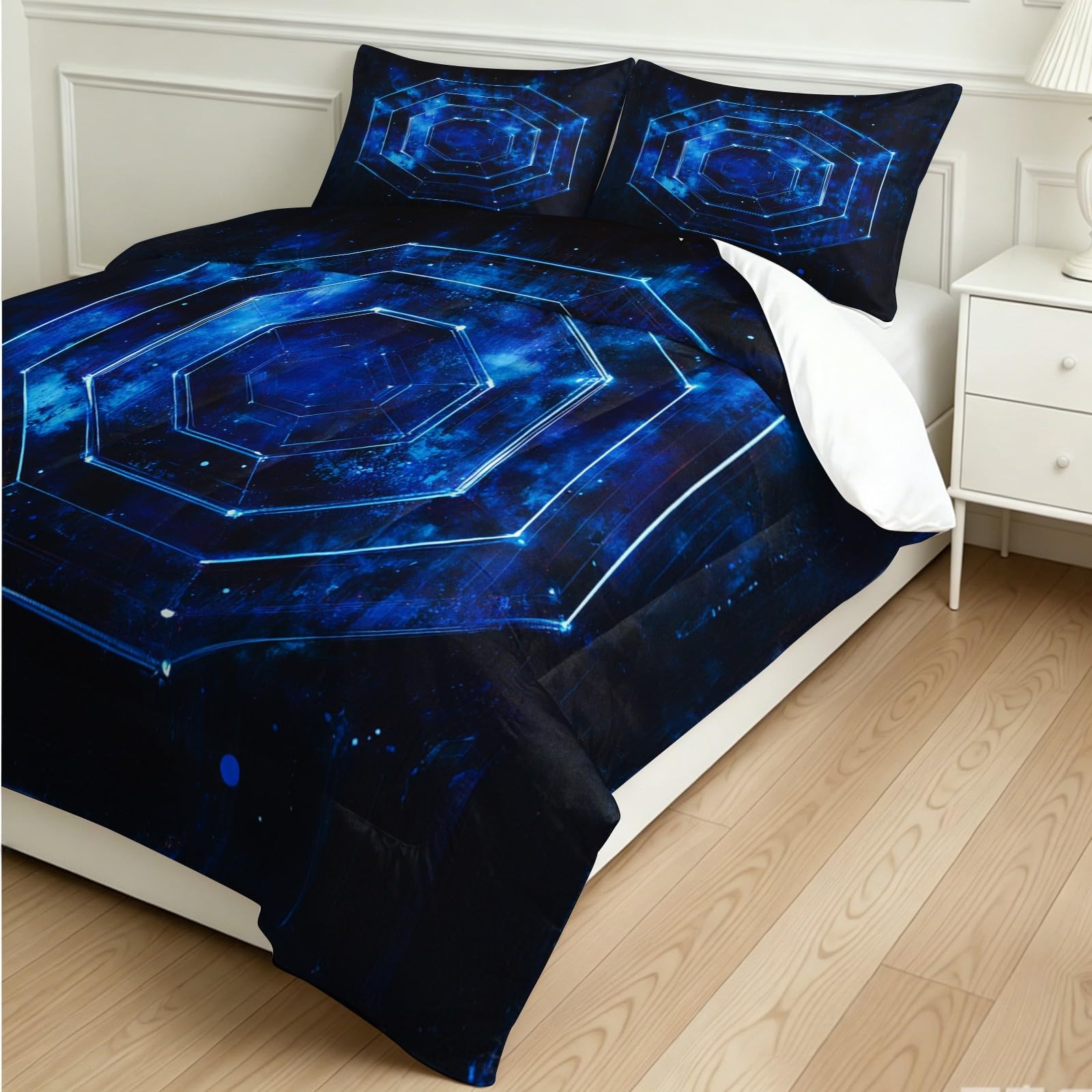 Edredón Matrimonio 4 Estaciones Patrones geométricos Abstractos Estampado 200 x 200 cm Negro Lavable, 2 Fundas de Almohada 50x75 cm