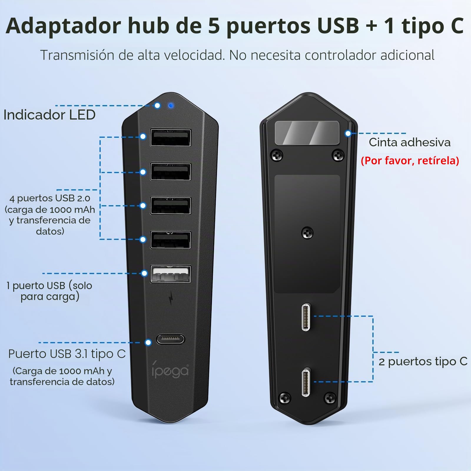 Hub USB 6 en 1 para PS5 Pro/Slim - Extensión de puerto USB de alta velocidad con 1 tipo C 3.0, 4 USB-A 2.0 y 1 puerto de carga, adaptador para consola de disco y digital