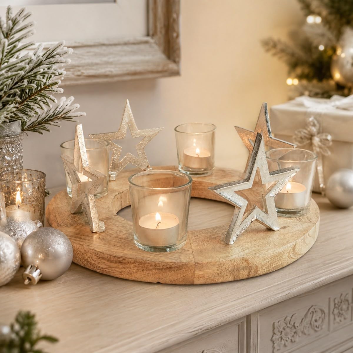 Corona de Adviento de madera, Decoracion con portavelas y estrellas, portavelas de Adviento, madera de mango natural, 30 x 12 cm