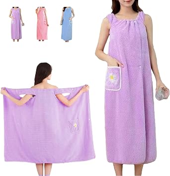 Womens Wearable Bath Towel  With pockets Bathrobe Bath Towel Wrap  Bathtub Shower Dress  Absorbent Bathing Skirt for Sauna Spa Shower bath towels Suitable for home, swimming, beach Purple