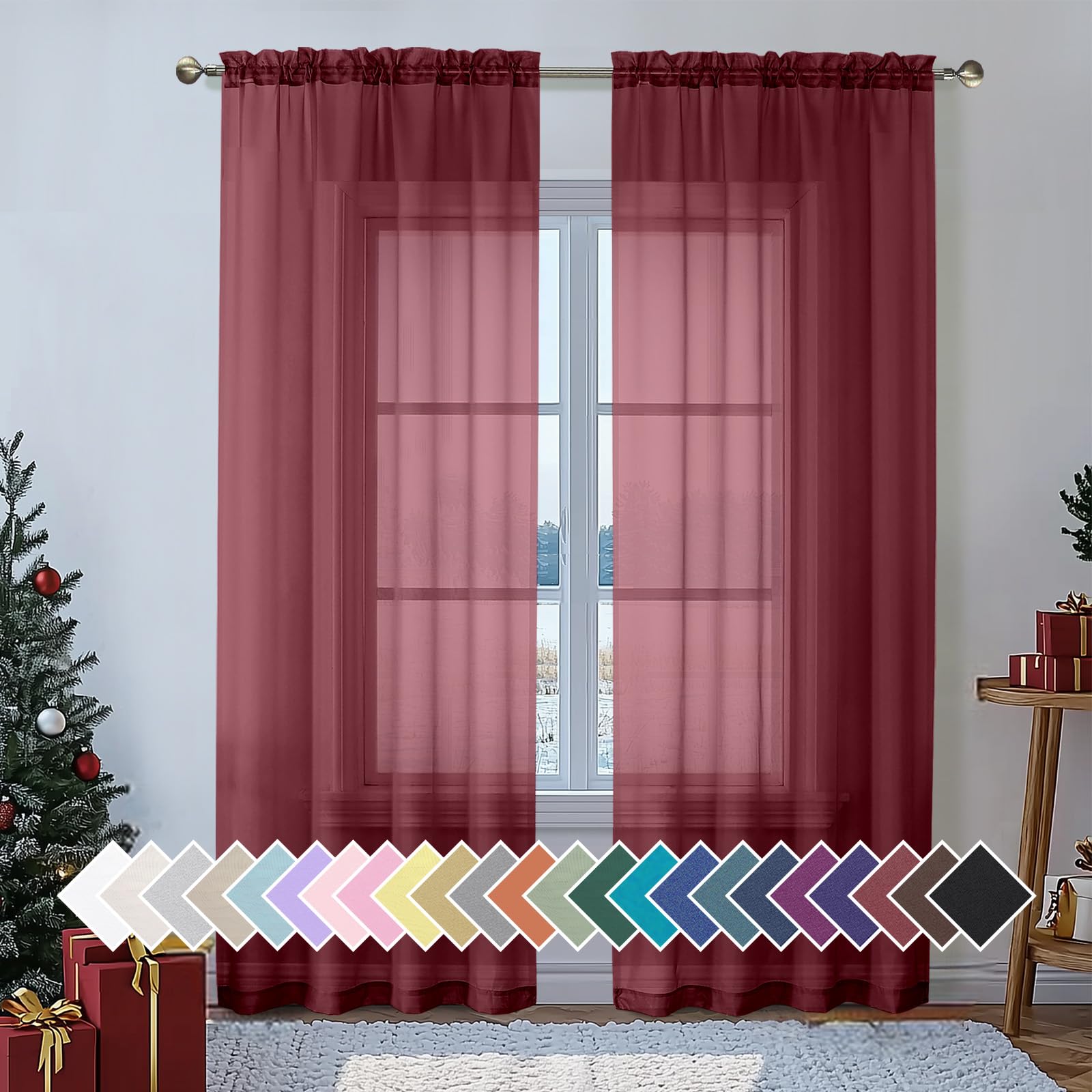 Aiyufeng 2 Piece Burgundy Sheer Curtains 84 Inch Length, Light Filtering Kitchen Curtain for Bedrrom/Living Room/Kitchen Window, Voile Top Dual Rod Pocket, 2 x 40 W x 84" L — image 1
