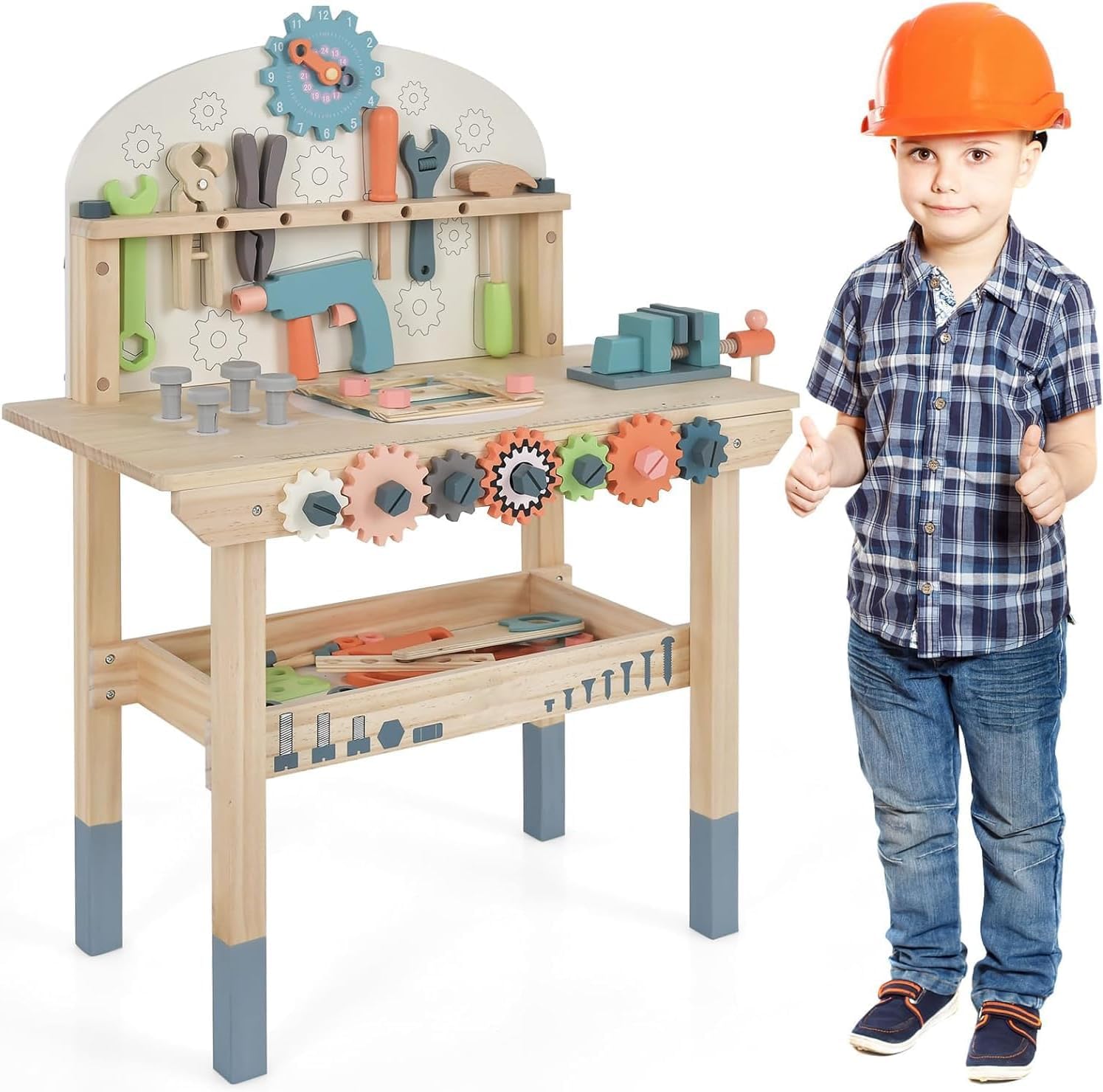 DREAMADE Werkbank Kinder, Werkzeugbank für Kinder aus Holz mit 63 Zubehör, Werkzeug Spielzeug Set mit Strauraum & Uhr & Werkzeughalter, Werkbank für Kinder ab 3 Jahren