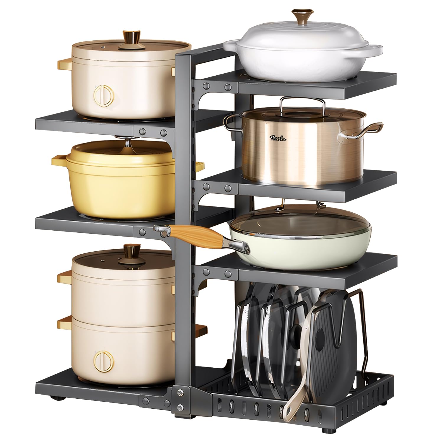 Cnwinu 7 Tier Pots and Pans Organiser for Cupboard,Pan Organizer for Cupboard with Adjustable Height,Multiple Installation Modes Kitchen Cupboard Organiser for Kitchen(7 Tiers With Compartments)