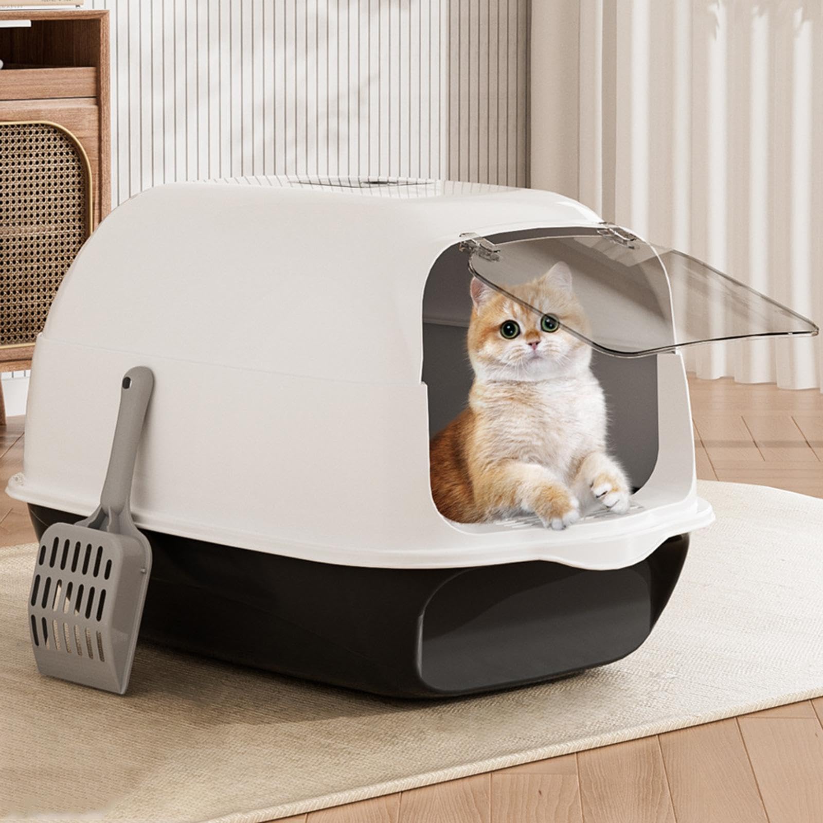 Katzenklo Vollständig Geschlossen Katzenstreu Schale Haube Katzentoilette PP Material Geräumig Spritzsicher Leicht zu Reinigen für Wohnung Katzenbesit, Schwarz