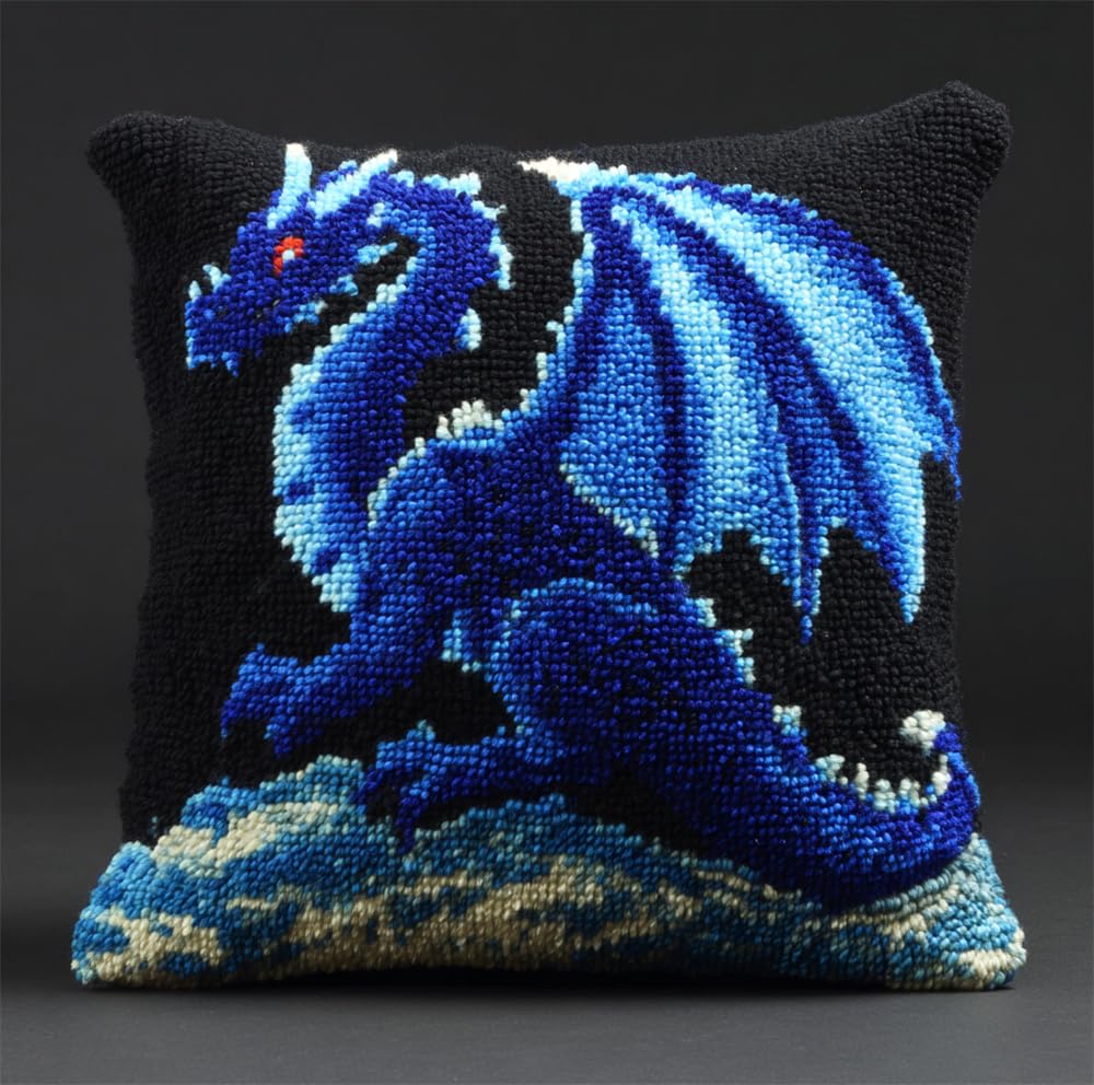 RKFLGEW Latch Hook Kits Pillow Dragon Crochet Yarn Cushion Colour Pre-Printed Canvas Rug Needlework DIY Pillowcase Hook and Latch Kit Christmas Home Arts Crafts Sofa Decoration 43X43Cm/17 X17Inch