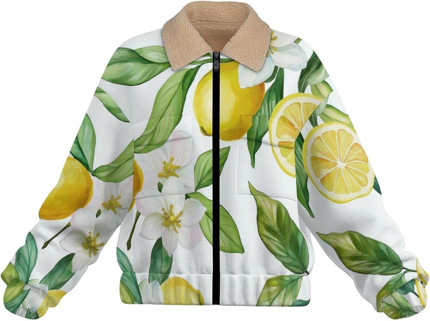 Women's Full Zip Soft Polar Fleece Jacket, Lemon fruit Printed Outdoor Coat, Long Sleeve Comfortable Outerwear