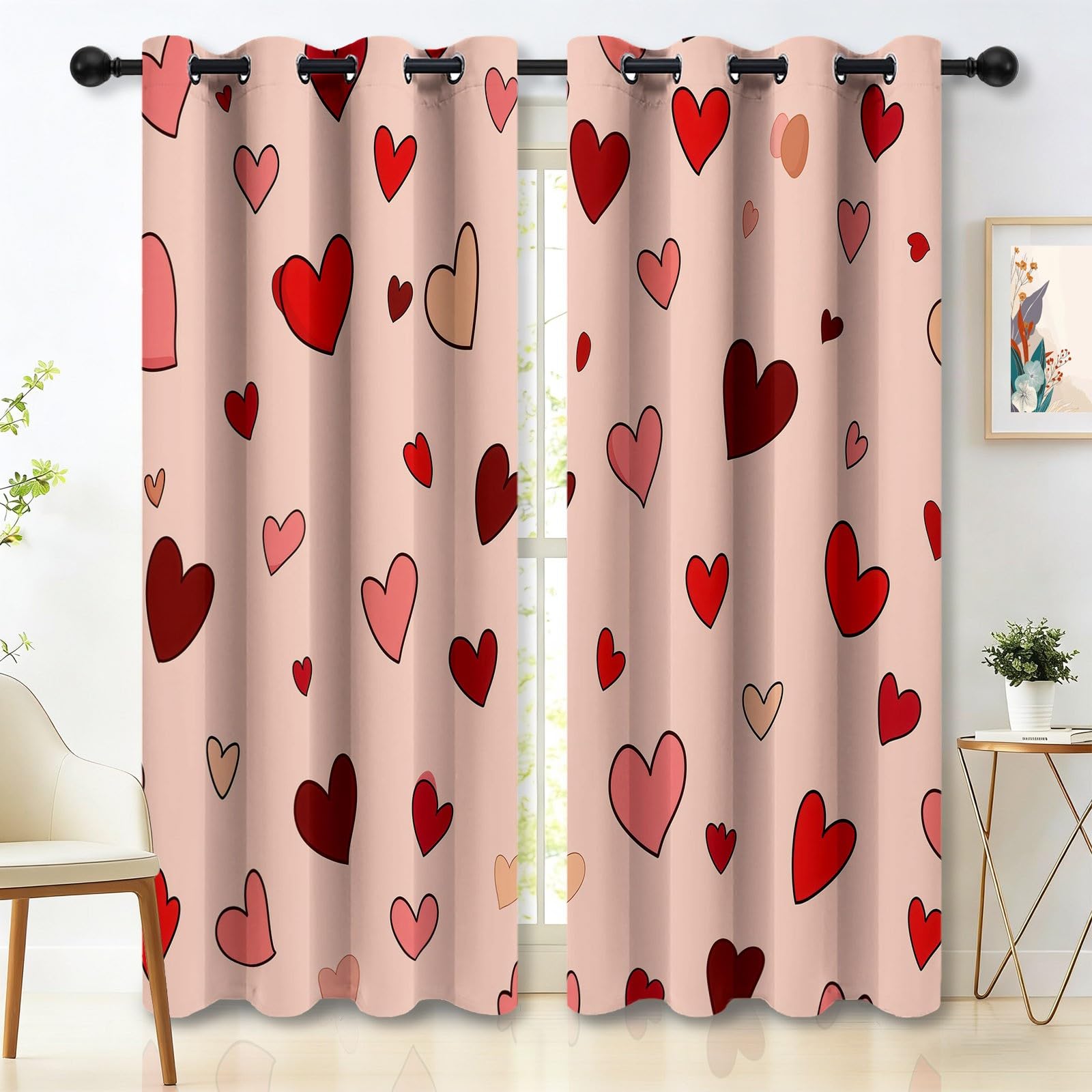 Design Plat Mignon Cœurs Roses Rideau Occultant Lot de l'enfant, Rose Clair Rideaux Acoustiques Opaque Petites Fenêtres Décoration - pour Salon Chambre avec Œillets 100L X 220H cm