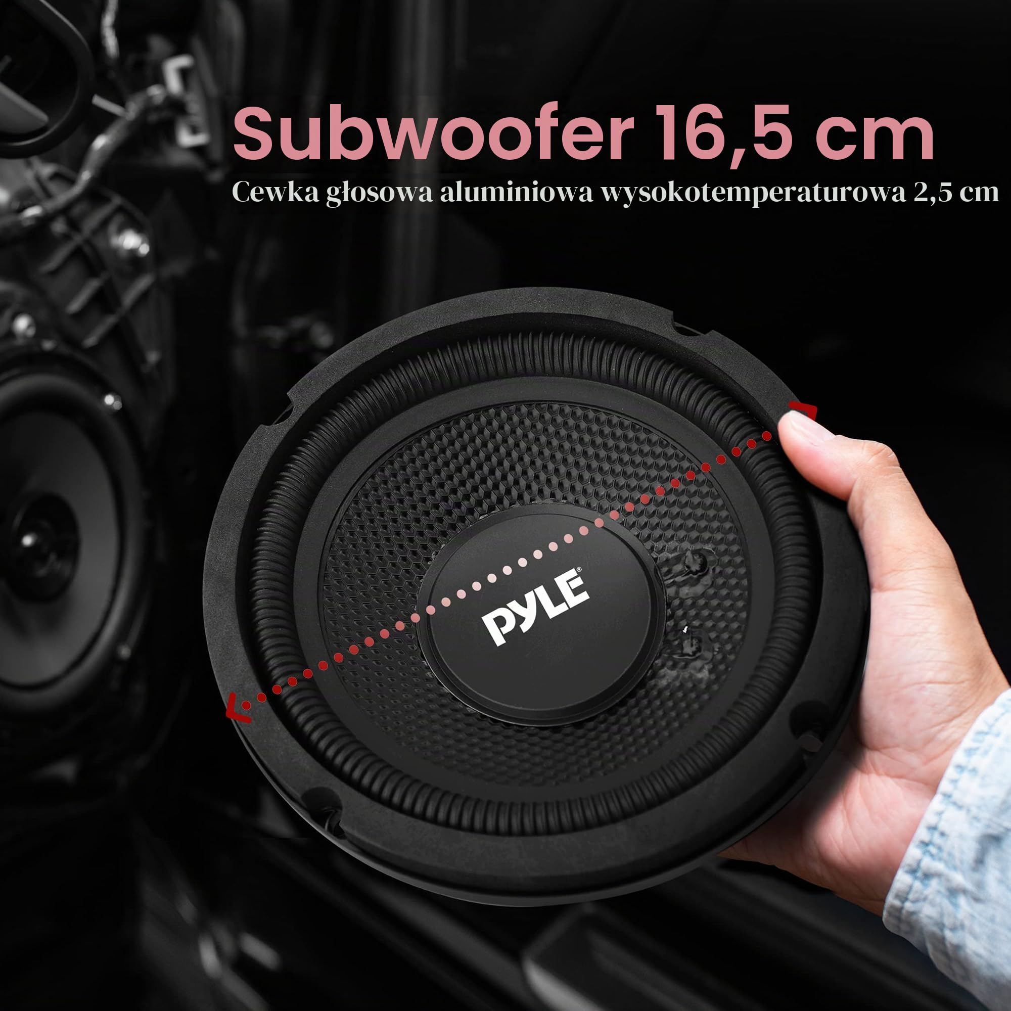Pyle 1 PLMW63 subwoofer, 16,5 cm, 165 mm, średnica 6,5 cala, 75 W RMS, maks. 150 W, pojedyncza cewka drgająca, 4 omy, gumowe zawieszenie, do samochodów, 1 sztuka