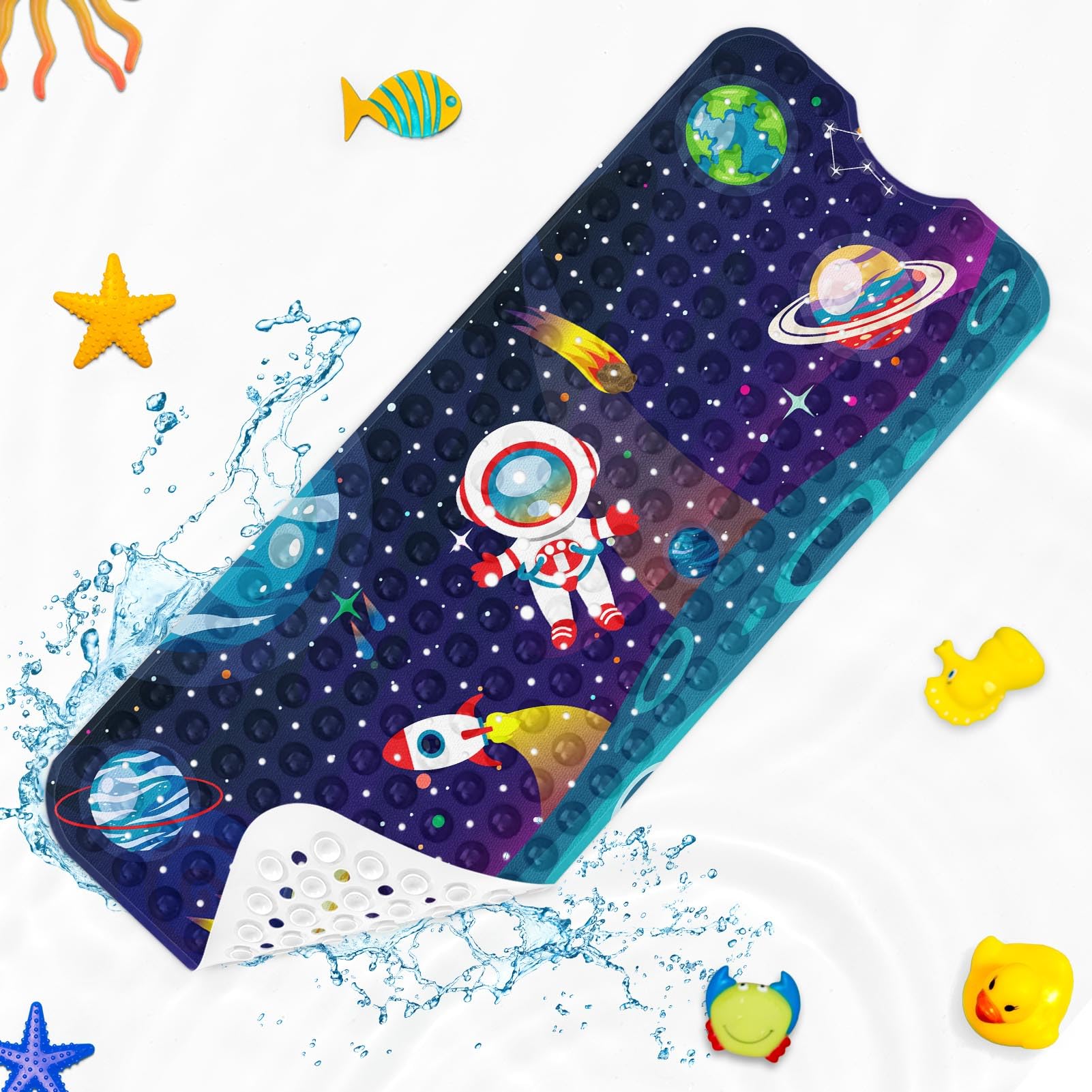 Britown Baby Bath Mat for Tub for Kids, Space Astronaut Sun Moon 40 X 16 Inch Extra Long Toddler Bathtub Non Slip Earth World Shower Mat for Tub Anti