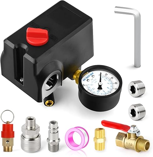 Miniatura 25 de MEANLIN MEASURE Válvula de control del interruptor de presión del compresor de aire 120-150 PSI 110V-240V Piezas de repuesto de 1 vía Con manómetro