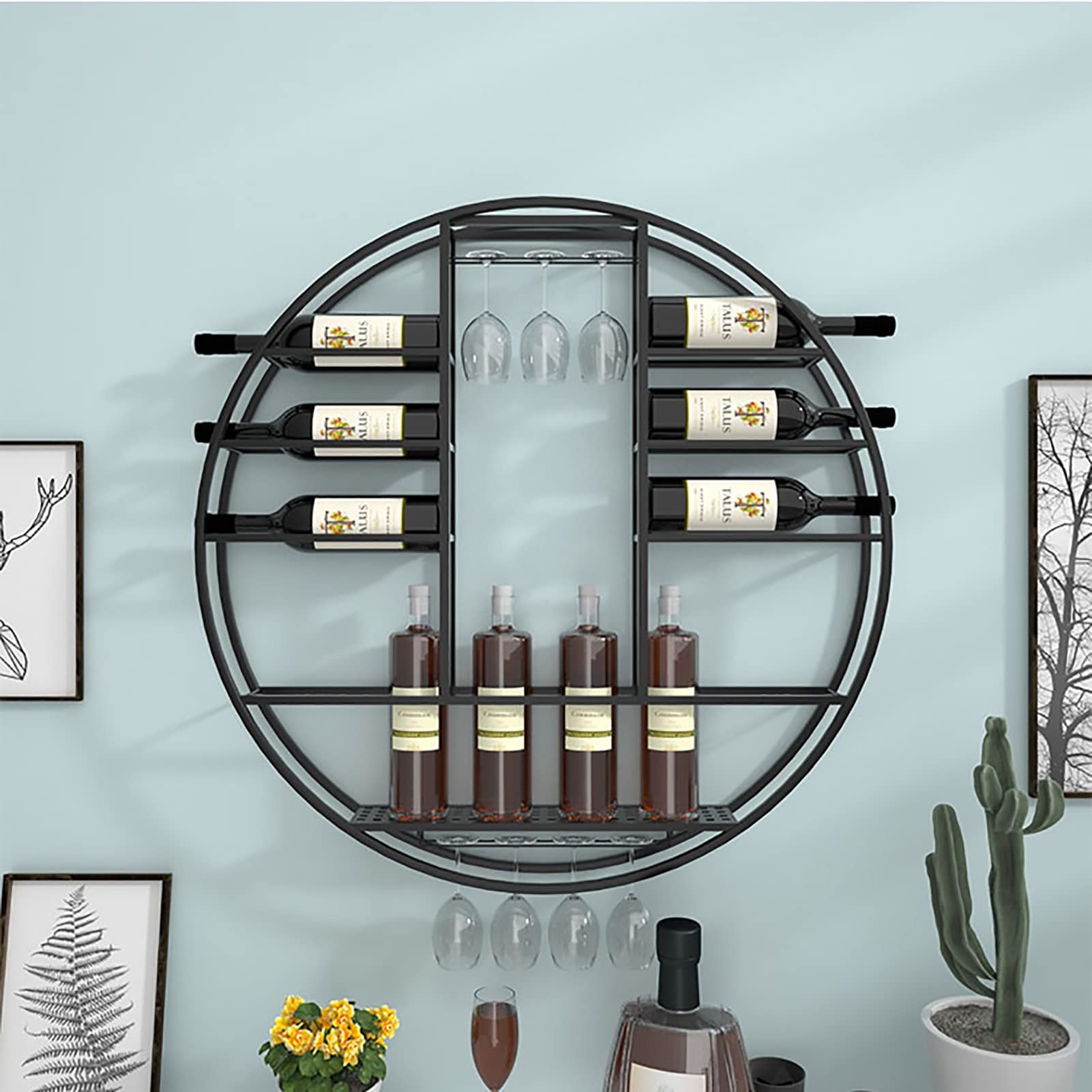 Casier à vin rond mural en métal noir pour verres et bouteilles - Cuisine et bar 90x11x90 cm