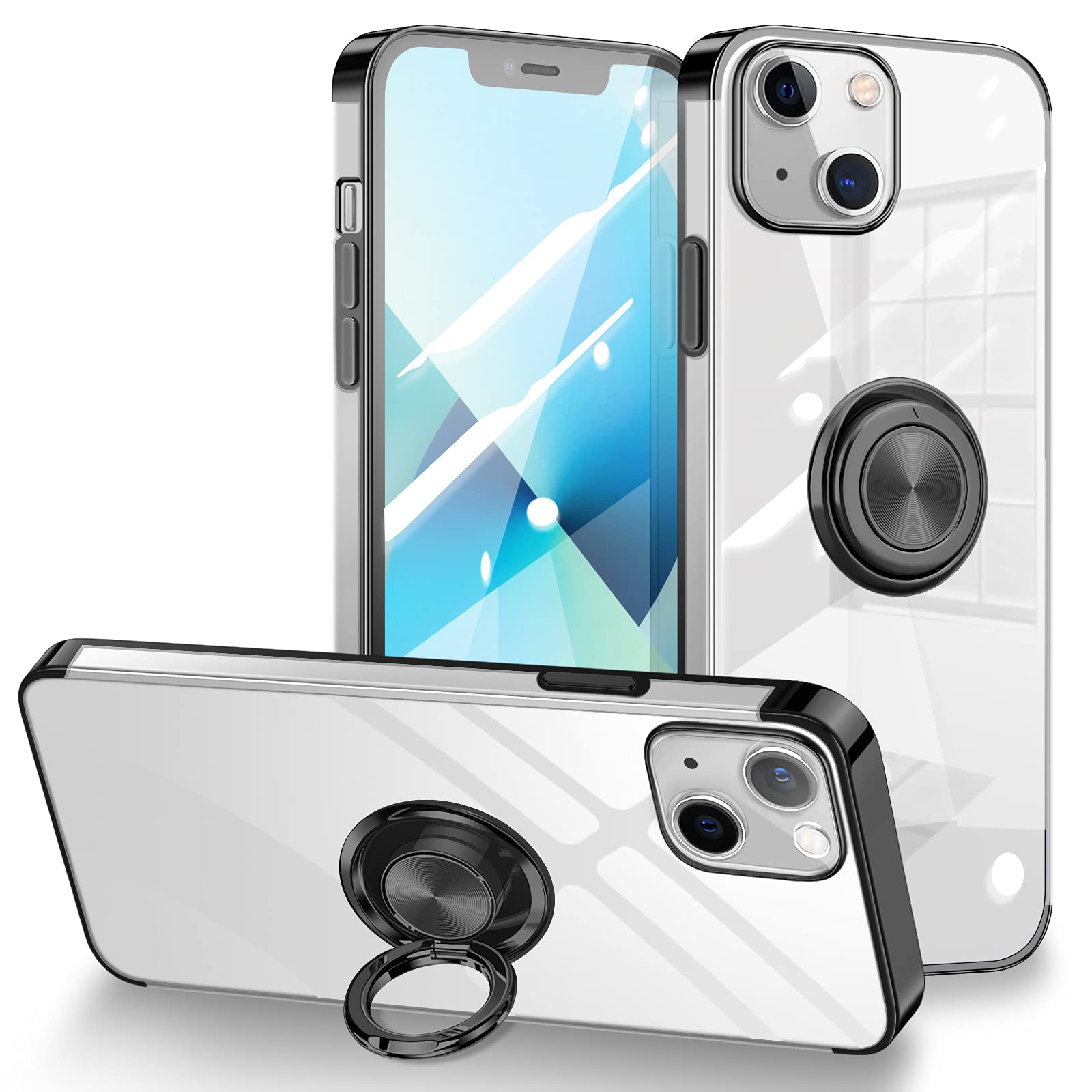 GuubolyCompatible with iPhone 13 Case 6.1 inch with Ring Holder Kickstand Clear Soft Silicone Flexible Shockproof TPU Cover Transparent Protective Phone Case Slim Thin - Black