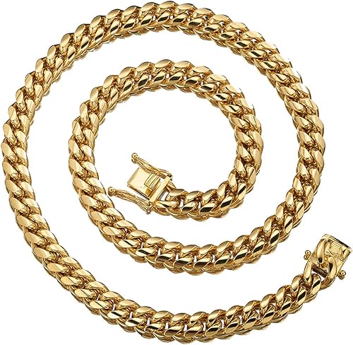 Miniatura 2 de Collar de cadena de eslabones cubanos para hombre, resistente chapado en oro de 18 quilates, collar de cadena de metal de acero inoxidable para