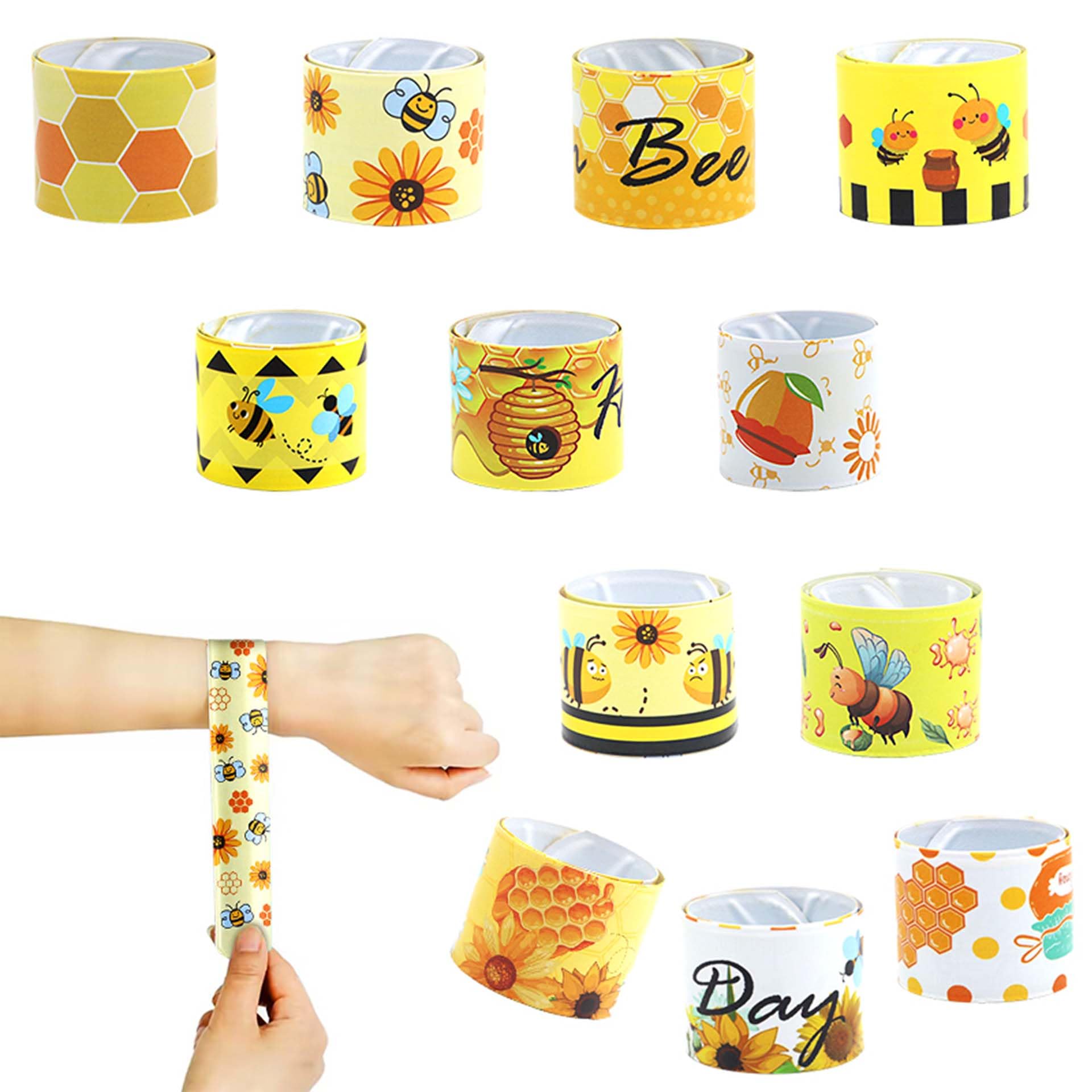 Qpout 48pcs Bee Slap Bracelets Honeycomb Wristbands Assorted Color Bee Theme Party Favors Sunflower Wristband Honeybee Yellow Bee Birthday Slap Bands Baby Shower for Classroom Prizes