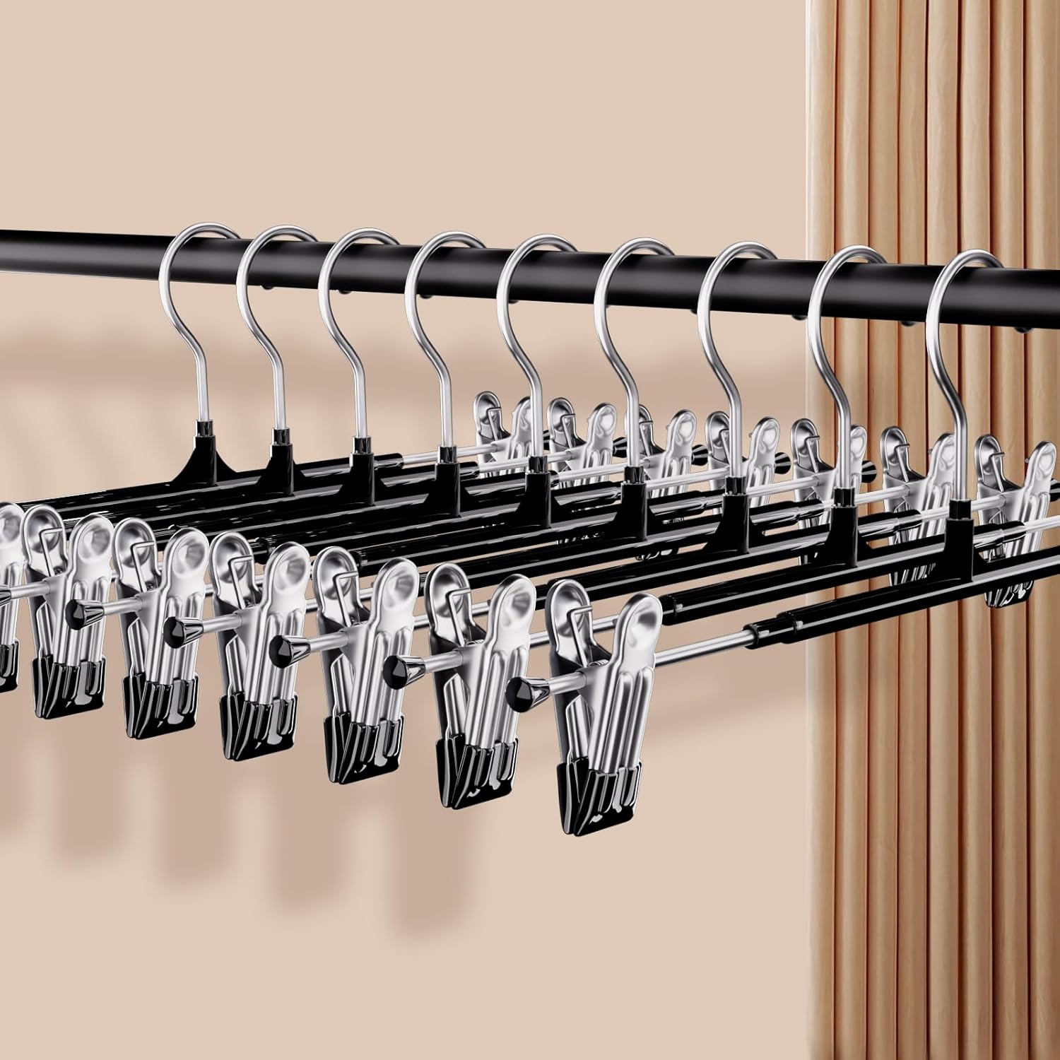 25 Pack Black Pants Hangers with Clips Non-Slip Heavy Duty Bulk Trouser Hangers for Large Closet Family Wardrobe Storage Durable Organizer for Jeans Leggings Skirts Casual Wear, Black