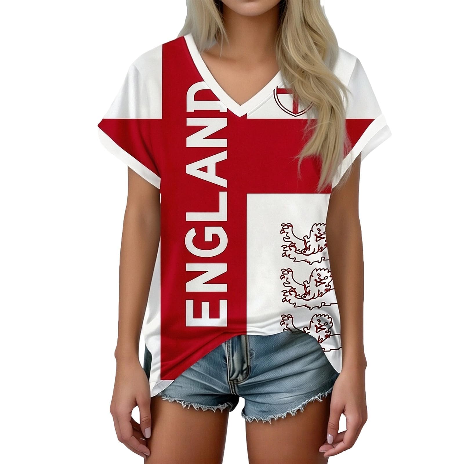 GVGNQEOP Womens England Football Shirt World Cup 2026 Short Sleeve Jersey Retro Graphic Printed V-Neck Training Tops Lightweight Breathable Ladies Soccer T-Shirt Athletic Shirts Wine โ image 1