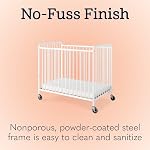 Foundations Chelsea Slatted Metal Compact Daycare Crib, 3" Casters, Compact Mini Size, Easy to Clean Durable Finish, Adjustable to Two Heights Mattress Board, White