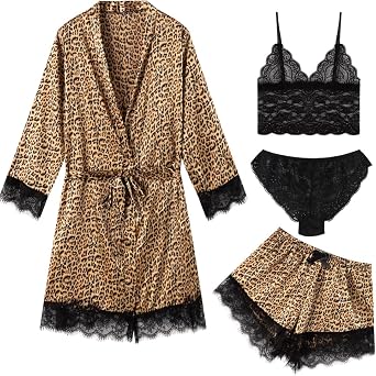 Womens Pajama Satin Sexy Lingerie Robe Set 4Pcs Pjs Silk Sleepwear Lace Cami Shorts Loungewear
