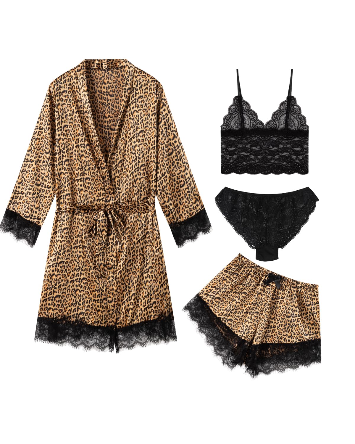 Women's Pajama Satin Sexy Lingerie Robe Set 4 Piece Silk Lace Pjs