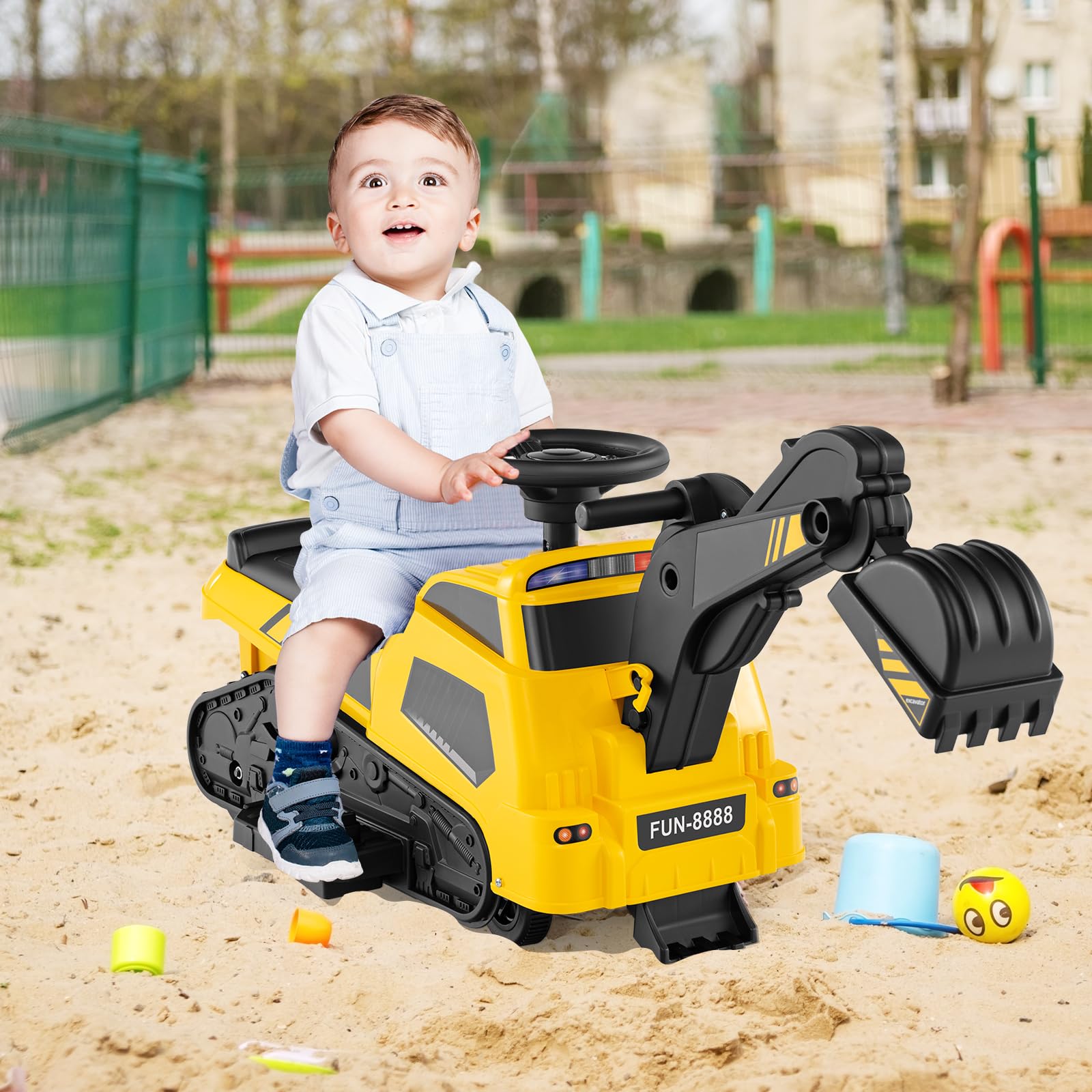 Costzon 3-in-1 Ride on Tractor, Electric Excavator Bulldozer Toy Road Roller w/Adjustable Arms, Music, 6V Ride on Construction Vehicles for Kids 1.5+ Years Old