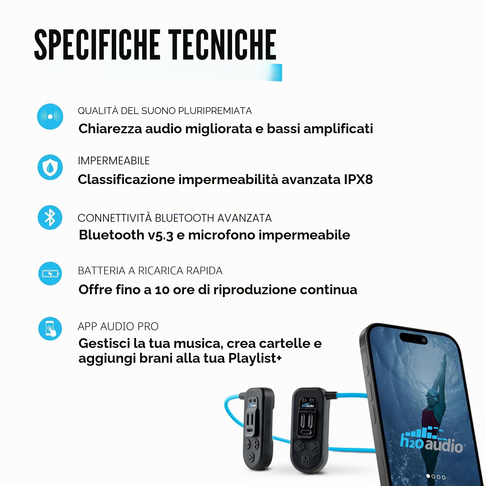 H2O Audio Sonar 2 PRO - Cuffie impermeabili a conduzione ossea per nuoto, auricolari aperti subacquei IPX8, lettore MP3 con playlist+app per streaming Bluetooth, durata della batteria 10 ore