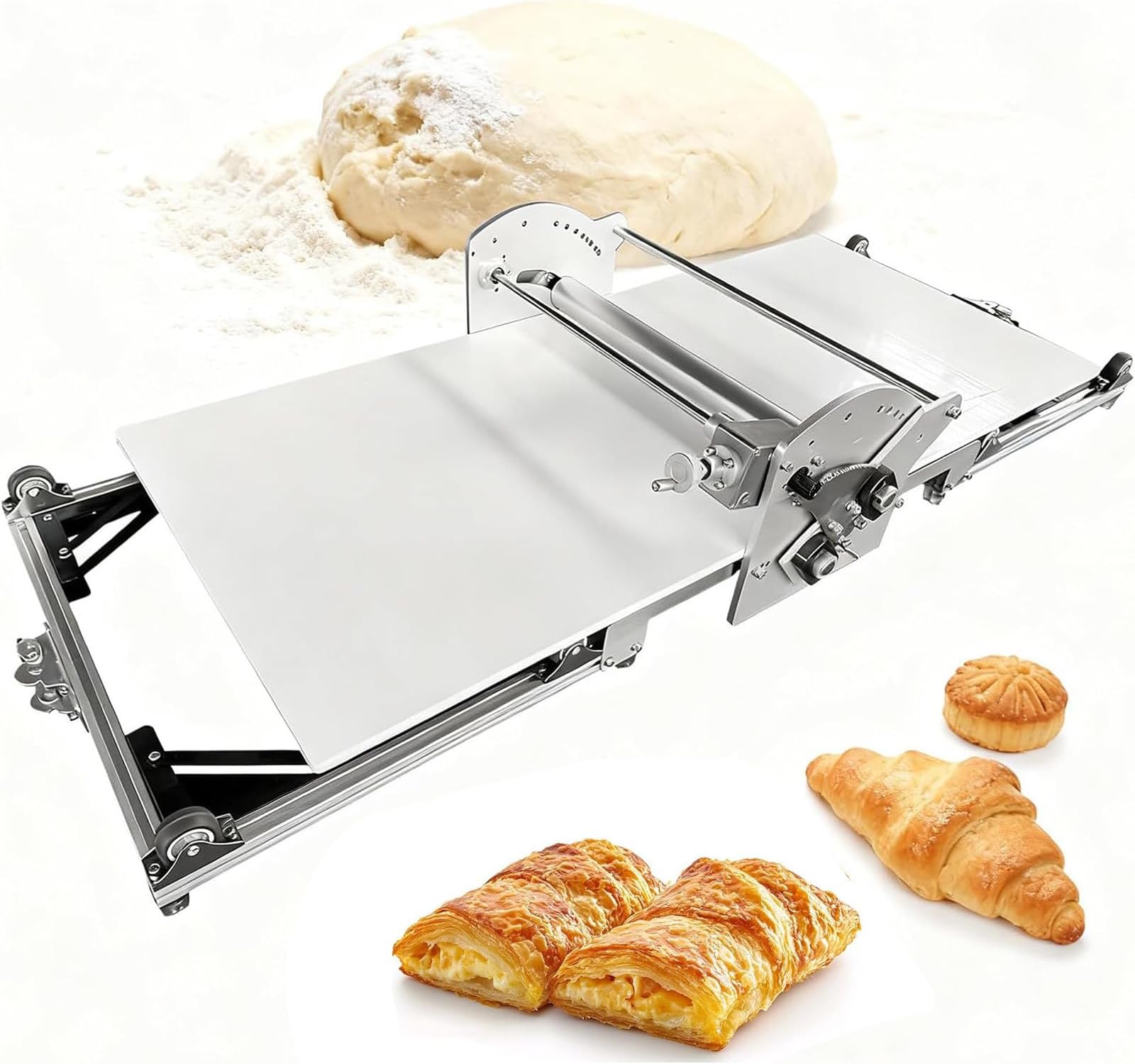 Commercial Electric Dough Roller & Sheeter | Adjustable Thickness 2-30mm for Puff Pastry, Croissant, Pizza Dough | Stainless Steel Folding Table Top Machine for Bakeries