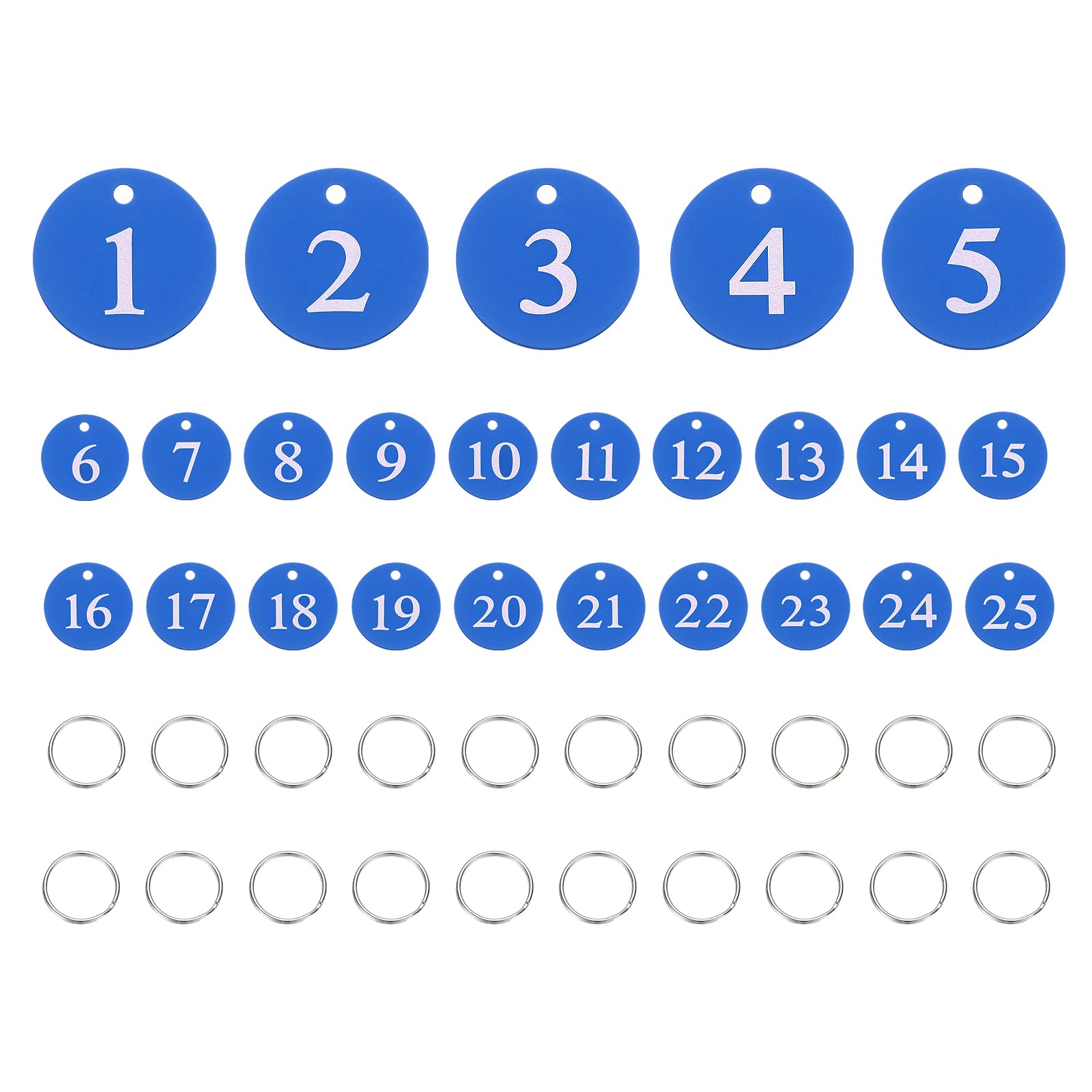 PATIKIL 25PCS Number Tags 1-25, Table Number Key Tags Aluminum Numbered Keychain Metal Round with Key Rings for Organizer Field Sales Hangers Clothes Labels ID, Blue — image 1