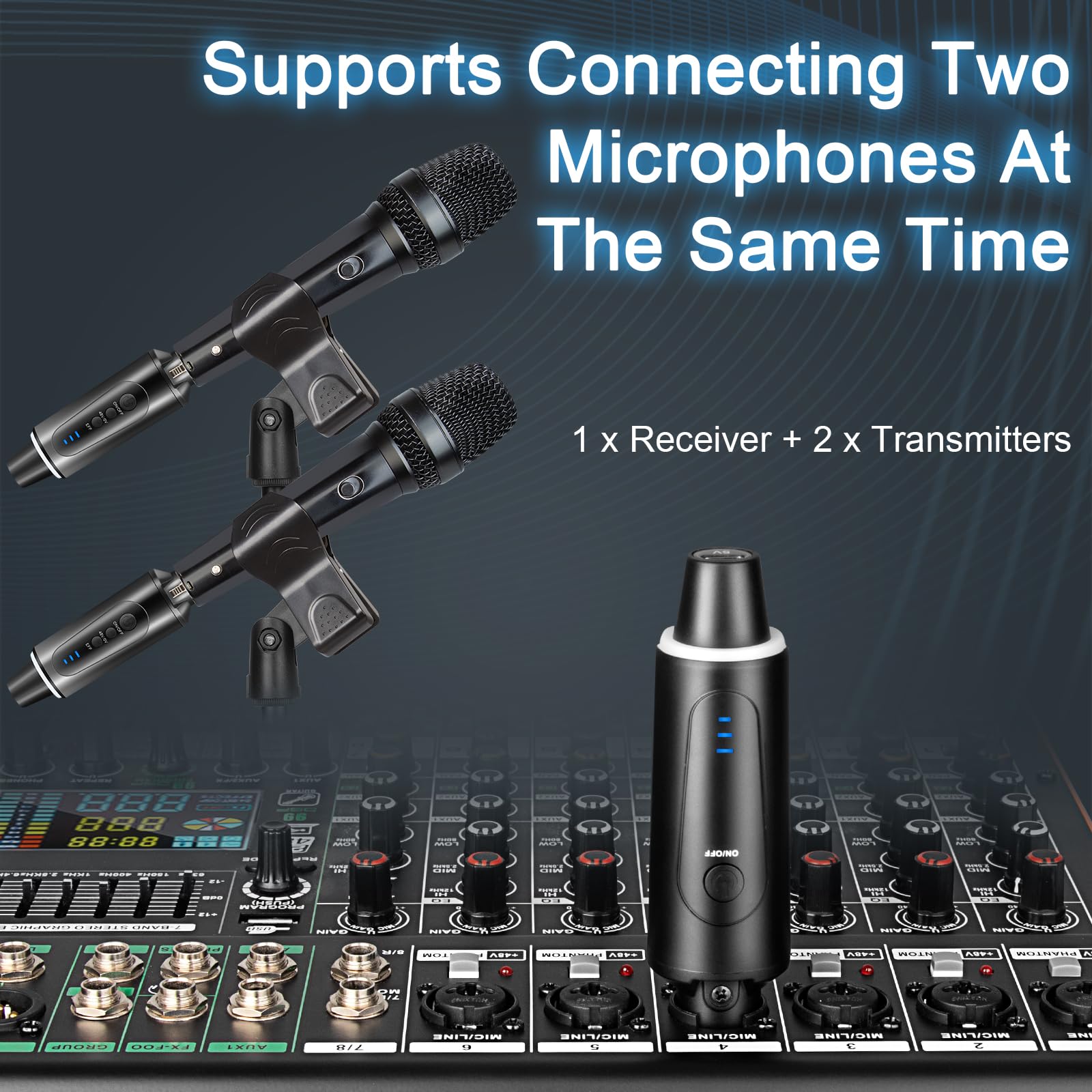 Depusheng S5 Émetteur-récepteur de guitare sans fil avec 2 émetteurs XLR sans fil et 1 récepteur avec commutateur de réverbération pour microphones à condensateur dynamique et 48 V, mixeur audio