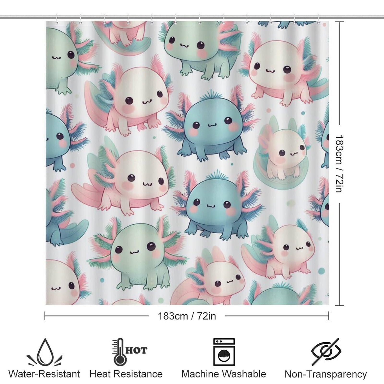 Duschvorhang mit Badezimmer-Sets und Teppichen, Dekoration, Cartoon-Axolotl, lustige Duschvorhang-Sets mit rutschfestem Teppich, WC-Deckelbezug, U-förmige Matte mit Haken, 182,9 x 182,9 cm, 4