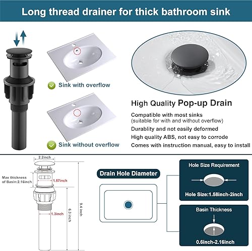 Miniatura 8 de Midanya Grifo de lavabo de baño LED negro mate, grifo de baño con boquilla de vidrio abierto en cascada, mango único, 3 colores cambiantes, grifos