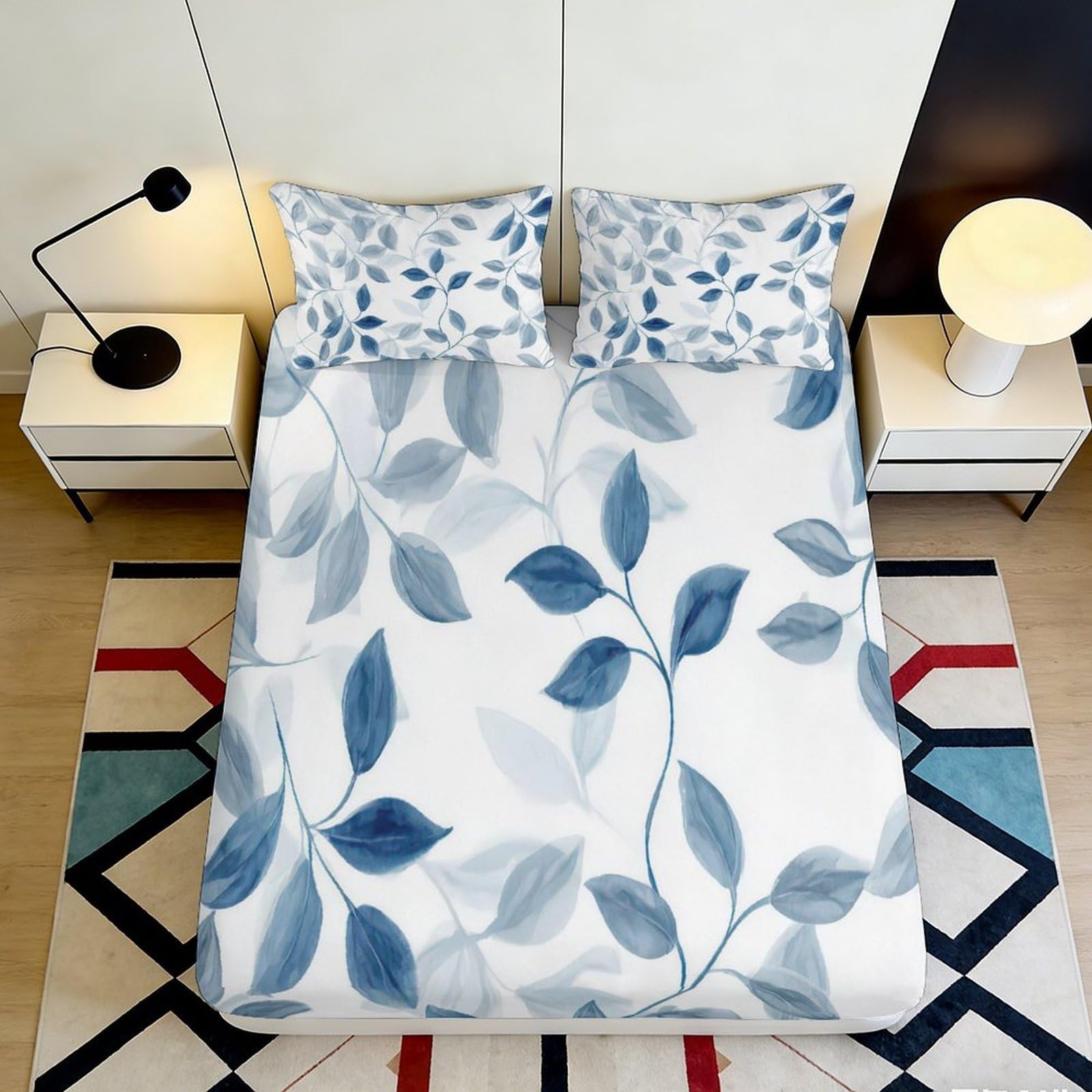 3D Printed Blue Leaf Fitted Sheet Microfiber Deep Pocket Bedroom Bedding Elastic Hem Mattress Fitted Cover 140x200x25cm