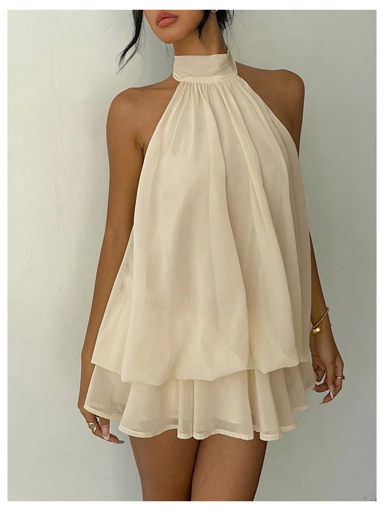 Verdusa Women's Chiffon Halter Drop Waist Holiday Wedding Guest Dresses Ruffle Mini Dress Brunch Outfits