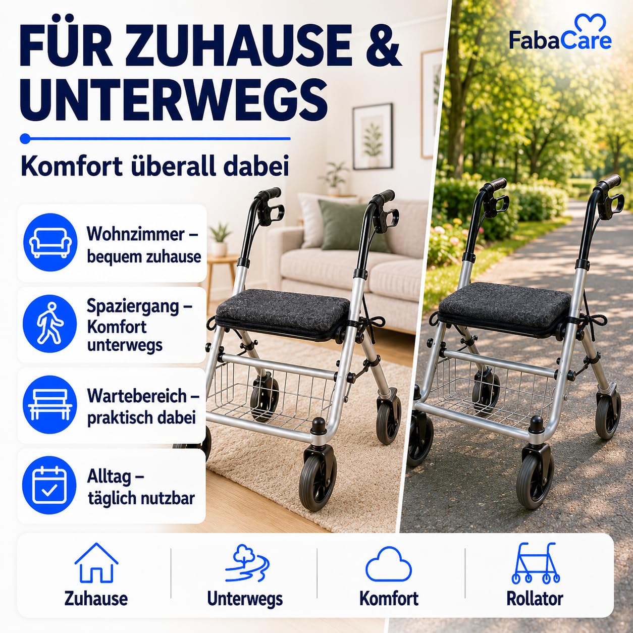 FabaCare Rollator Sitzpolster 40x20 cm Anthrazit | 100 % Schurwolle-Sitzkissen mit 2 Befestigungsbändern, Schaumstoffkern, atmungsaktiv, bequem & bei 30 °C waschbar