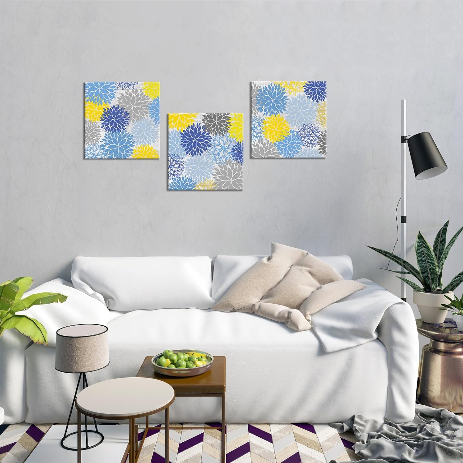 iHAPPYWALL 3 Pieces Blue Bathroom Canvas Wall Art Yellow Grey Dahlia Flowers for Bedroom Kitchen Living Room Decor Ready To Hang 12x12inchx3pcs