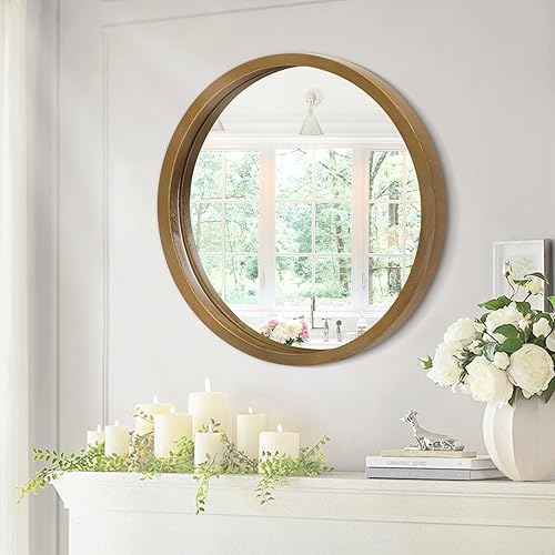 Miniatura 37 de JJUUYOU Espejo circular de pared redondo para baño, espejo de tocador marrón rústico, pequeño círculo decorativo para pared, marco de madera, espejo