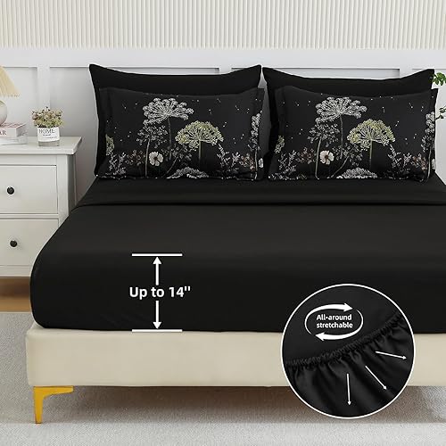 Miniatura 6 de Yiran Juego de edredón floral tamaño completo, juego de ropa de cama botánica de planta de diente de león negro, 7 piezas de cama de verano en una
