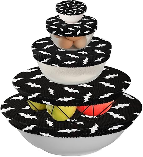 Miniatura 3 de Halloween - Cubierta reutilizable para cuenco de murciélago blanco y negro para Halloween, 5 unidades, para almacenamiento de alimentos, para