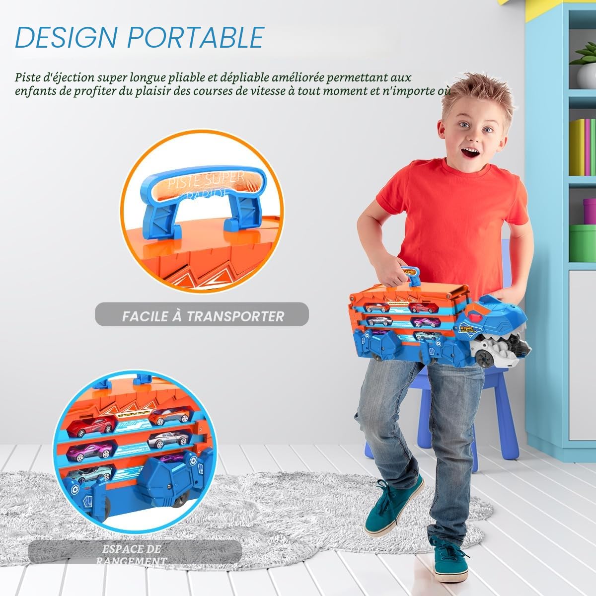 TERRAMUS Camion de transport Dinosaure - Jeu de jouets de voiture 3 en 1 avec éjection, piste pliante portable pour enfants avec 8 voitures de course, jeu de jouets de voiture portable pour enfants