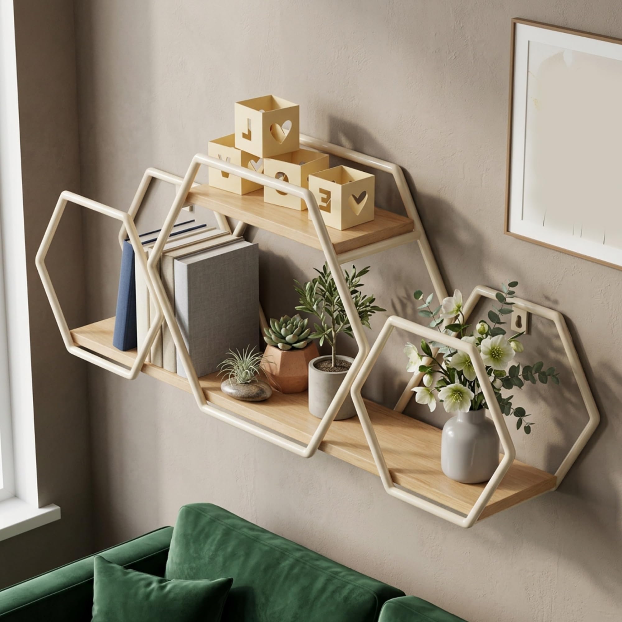 Étagères murales flottantes hexagonales en bois et métal, rangement mural blanc gain de place