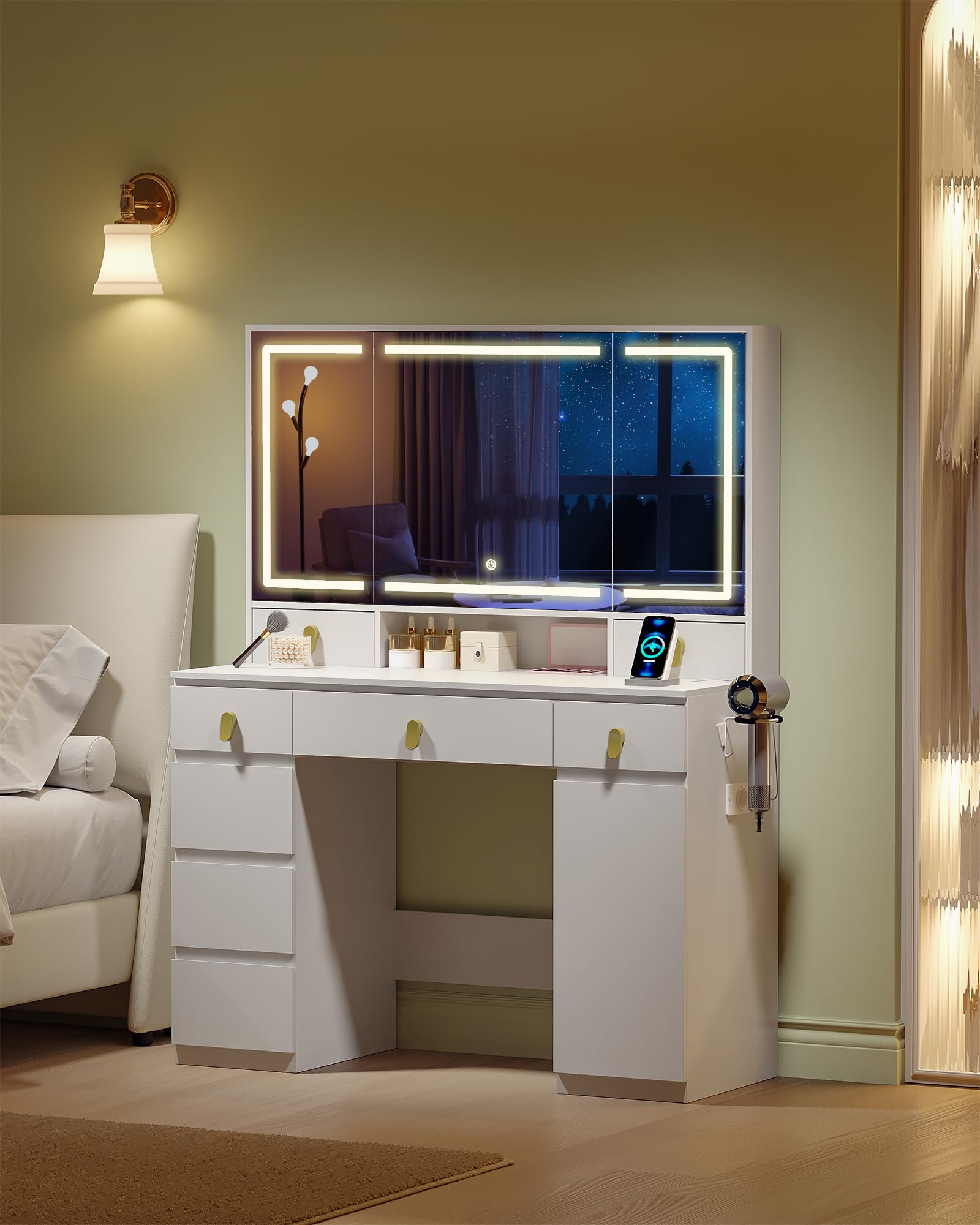 Hzuaneri Toeletta da Trucco Grande con Illuminazione a LED, con Presa e Porta Asciugacapelli, 3 Colori, Luminosità Regolabile, Tavolo da Trucco con Specchio, 8 Cassetti 1 Armadietti, Bianco DT42003XEU