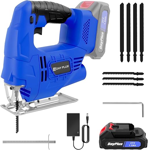 Electric Cordless Jigsaw, 400W Power Jig Saws with LED Light, 3 Orbital Setting, ±45° Bevel Cutting, 0-3000SPM Portable Jigsaw Include 1.5Ah 21V Battery, Fast Charger and 8 Blades