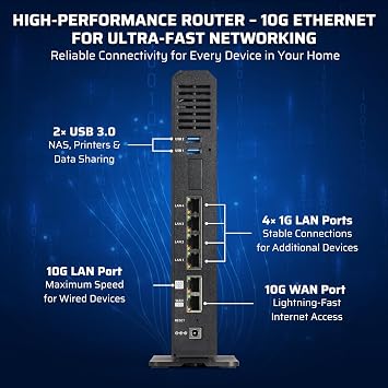Velo7 Max BE19000 Tri-Band WiFi 7 Router, 4 * 4 MIMO12-Stream 320MHz Up to 19Gbps, 4096-QAM, 2X 10G + 41G Ports, Long-Range 10-Antenna, EasyMesh & WPS, OpenWrt, NAS, Enterprise-Grade Secured