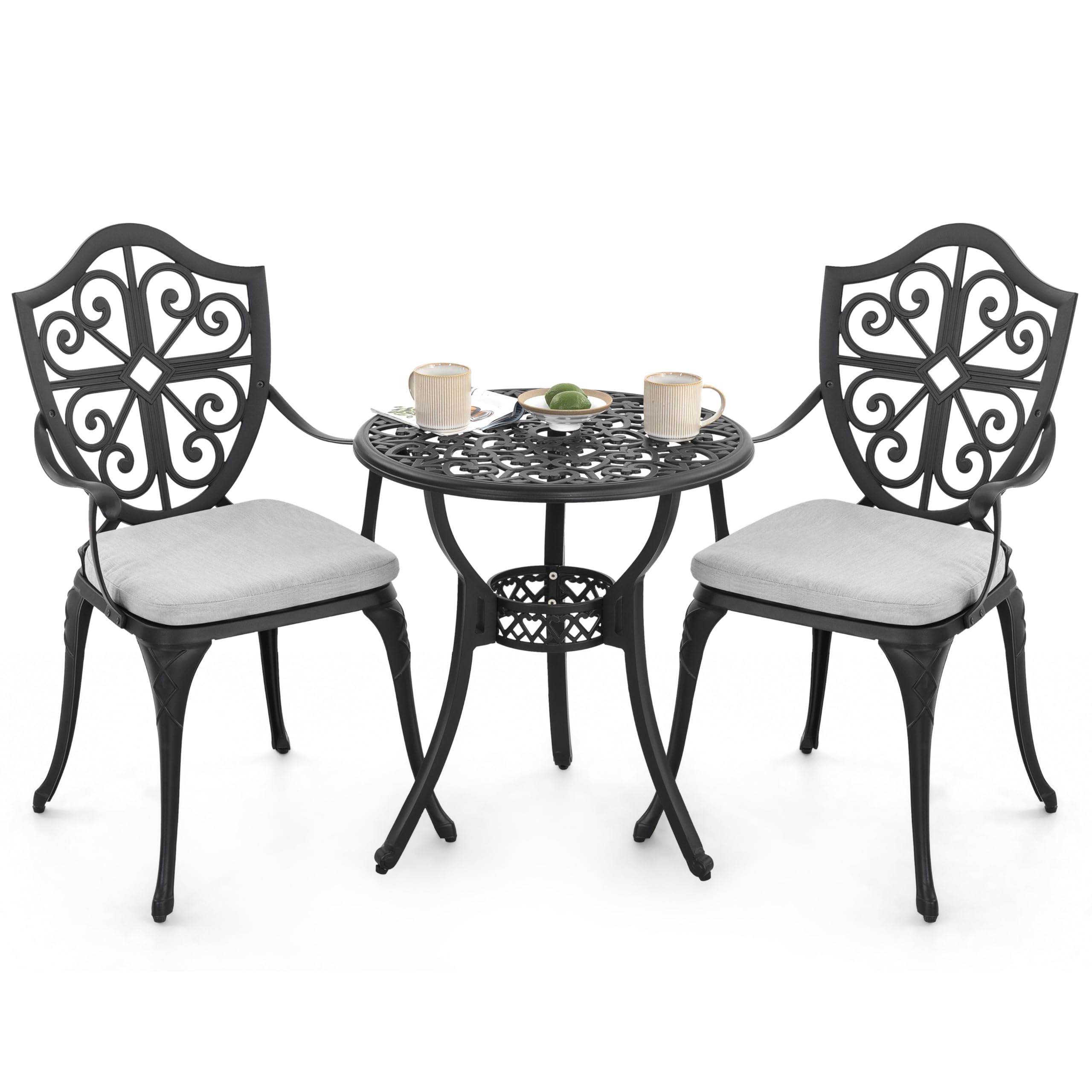 NUU GARDEN Outdoor 3-Piece Bistro Set with Cushions, 24 Inch Cast Aluminum Round Bistro Table with 2.17" Umbrella Hole, 2 Cast Aluminum Bistro Chairs, for Patio, Garden, Backyard and Balcony, Black