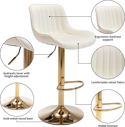 Miniatura 4 de Homtique Gold - Juego de 2 taburetes de bar giratorios ajustables en altura de mostrador, moderno taburete de bar de terciopelo con respaldo bajo y