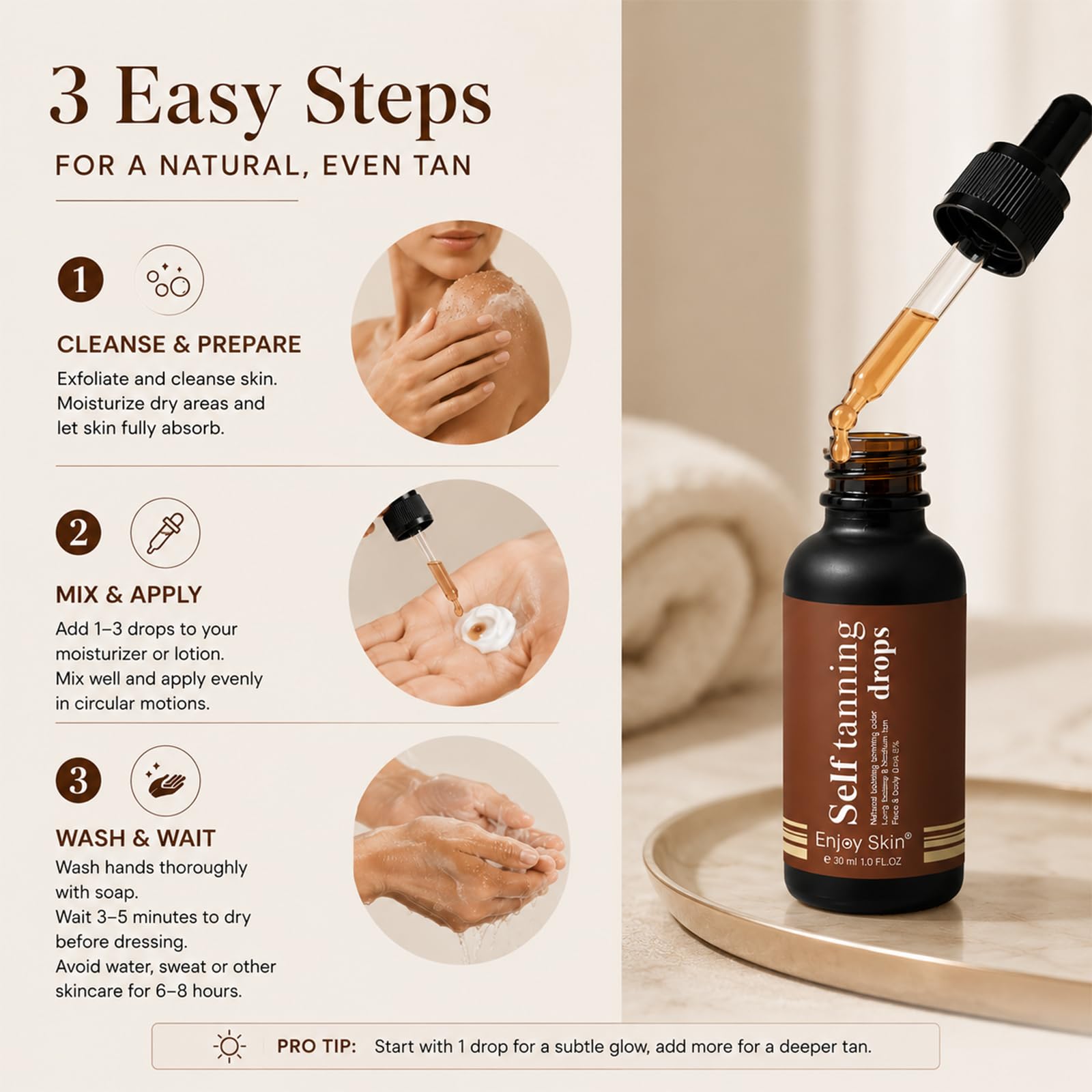 30ml Self Tanning Drops, Gotas Autobronceadoras, Brillo Bronceado para Todo Tipo de Pieles, Bronceado Personalizado, un Efecto de Bronceados sin Tomar el Sol(Marrón)