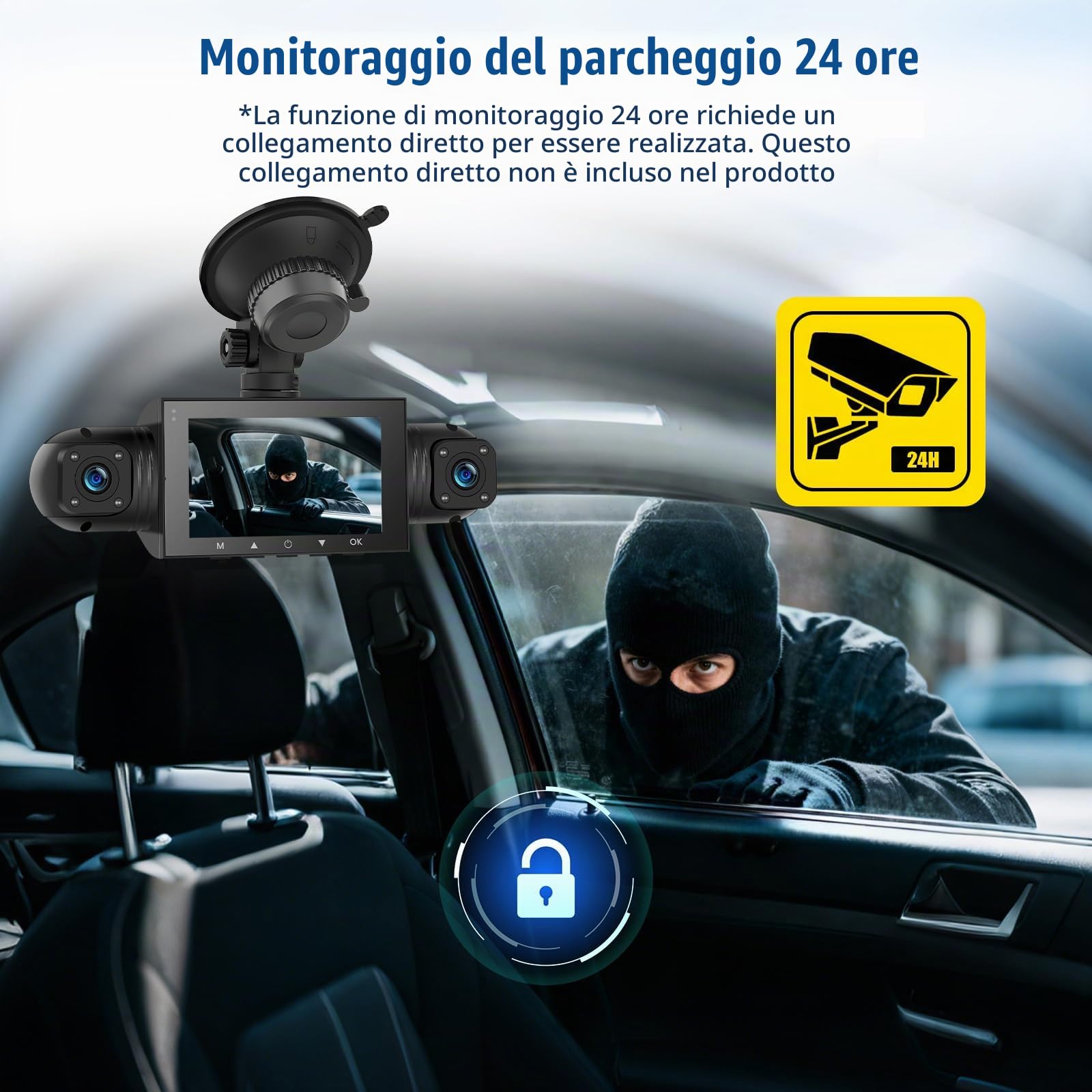 SIXTOP Dashcam Auto 360 Gradi 4 Canali, Telecamere 1080P Anteriori/Interne/Posteriori con 3" Schermo IPS, Supporto per Schede TF, Visione Notturna/Monitoraggio Parcheggio 24h/Sensore G/Looping Record